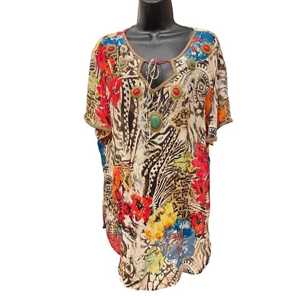 Chicos women’s silk tunic top  semi sheer with stone trim  48 chest - Picture 2 of 9